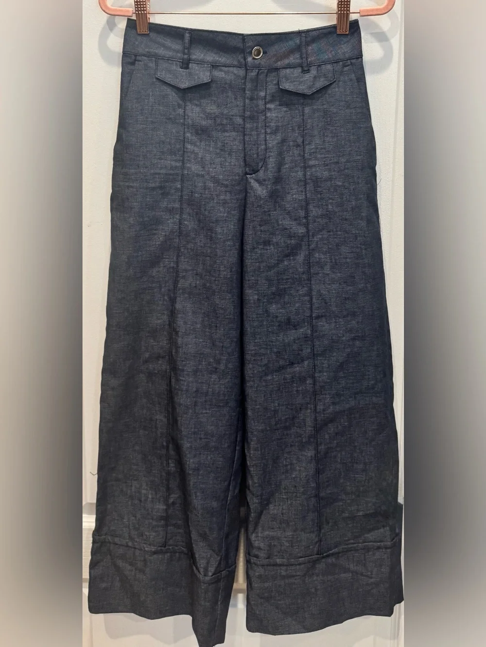 ZARA Linen Blend Wide Leg Denim Culotte Pants Indigo Blue XS NWT